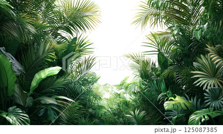 Lush Green Palm Leaves Framing Peaceful Background with Transparent Effects Lush Green Palm Leaves Framing Peaceful Background with Transparent Effects 125087385