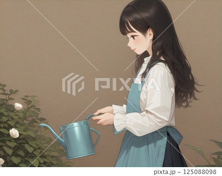 植物に水をかけるエプロンの女性 125088098