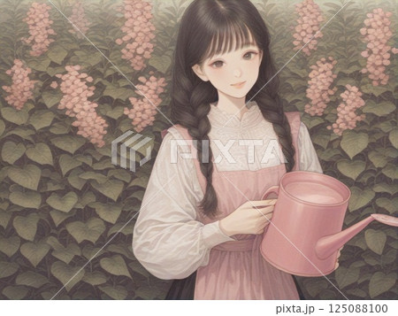 植物の世話をするおさげの女性　 125088100
