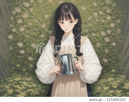じょうろを持つおさげの女性　 125088102
