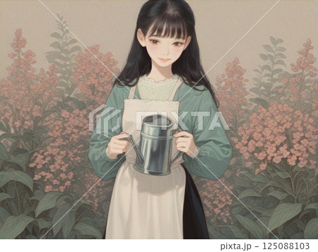 じょうろを持つエプロンの女性 125088103