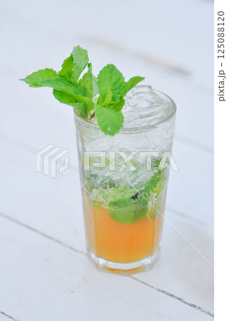 Mojito or cocktail ,mocktail or lime juice or lemon juice, lemon soda or tonic or soda and peppermint leaf Mojito or cocktail ,mocktail or lime juice or lemon juice, lemon soda or tonic or soda and peppermint leaf 125088120