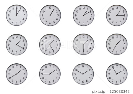 A set of 12 wall clocks, each showing a different time at 5-minute intervals from 01:00 to 01:55 or 13:00 to 13:55. Clean white background, ideal for time-related concepts or educational use. A set of 12 wall clocks, each showing a different time at 5-minute intervals from 01:00 to 01:55 or 13:00 to 13:55. Clean white background, ideal for time-related concepts or educational use. 125088342