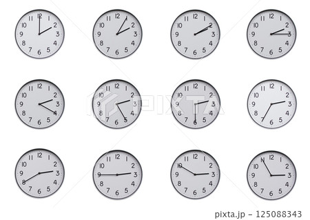 A set of 12 wall clocks, each showing a different time at 5-minute intervals from 02:00 to 02:55 or 14:00 to 14:55. Clean white background, ideal for time-related concepts or educational use. 125088343