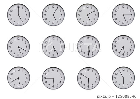 A set of 12 wall clocks, each showing a different time at 5-minute intervals from 05:00 to 05:55 or 17:00 to 17:55. Clean white background, ideal for time-related concepts or educational use. A set of 12 wall clocks, each showing a different time at 5-minute intervals from 05:00 to 05:55 or 17:00 to 17:55. Clean white background, ideal for time-related concepts or educational use. 125088346
