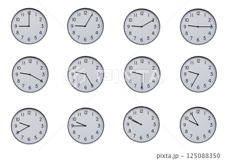 A set of 12 wall clocks, each showing a different time at 5-minute intervals from 09:00 to 09:55 or 21:00 to 21:55. Clean white background, ideal for time-related concepts or educational use. 125088350