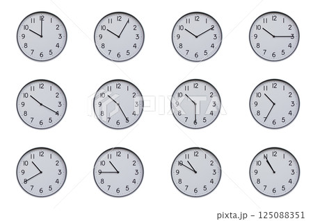 A set of 12 wall clocks, each showing a different time at 5-minute intervals from 10:00 to 10:55 or 22:00 to 22:55. Clean white background, ideal for time-related concepts or educational use. A set of 12 wall clocks, each showing a different time at 5-minute intervals from 10:00 to 10:55 or 22:00 to 22:55. Clean white background, ideal for time-related concepts or educational use. 125088351