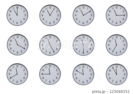 A set of 12 wall clocks, each showing a different time at 5-minute intervals from 11:00 to 11:55 or 23:00 to 23:55. Clean white background, ideal for time-related concepts or educational use. 125088352