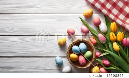 イースターエッグとチューリップ・木目背景 イースターエッグとチューリップ・木目背景 125088454