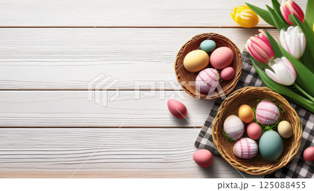 イースターエッグとチューリップ・木目背景 125088455