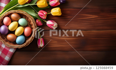 イースターエッグとチューリップ・木目背景 125088459