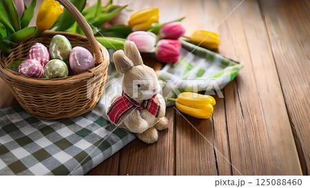 イースターエッグとうさぎ、チューリップ 125088460