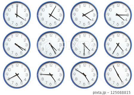 round wall clocks with white faces and a blue rim. Each set displays times from 04:00 to 04:55 or 16:00 to 16:55 in 5 minute intervals, ideal for educational or time teaching stock content. 125088815