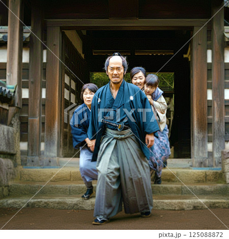 城から退去する侍とその家族 125088872