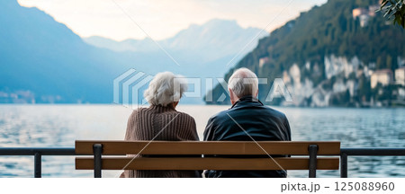 秋の静かな湖畔のベンチシーン、高齢の男女が一緒にリラックス 秋の静かな湖畔のベンチシーン、高齢の男女が一緒にリラックス 125088960