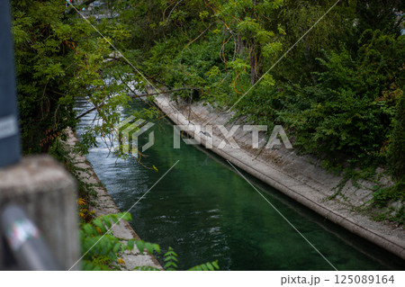Exploring the serene waters of Zurichs hidden canal surrounded by lush greenery Exploring the serene waters of Zurichs hidden canal surrounded by lush greenery 125089164