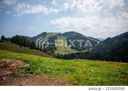 Majestic German mountains embrace natures tranquility in a serene landscape under a clear blue sky Majestic German mountains embrace natures tranquility in a serene landscape under a clear blue sky 125089260