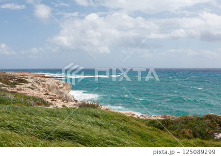 Breathtaking coastline of Ayia Napa reveals turquoise waters and lush greenery under a clear blue sky 125089299