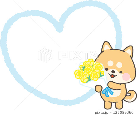 黄色いバラの花束を持つ柴犬とハートの吹き出し 125089366