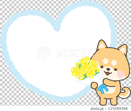 黄色いバラの花束を持つ柴犬とハートの吹き出し 125089366