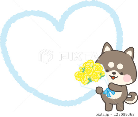 黄色いバラの花束を持つ黒い柴犬とハートの吹き出し 125089368