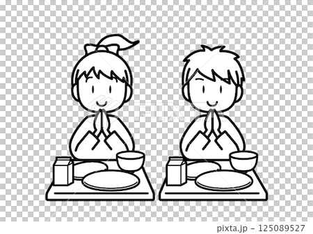 孩子吃學校午餐黑白 125089527