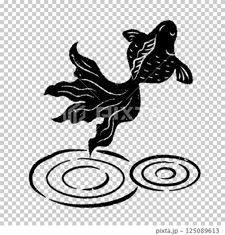 金魚和水波紋的簡單輪廓，木版畫風格，日式風格 125089613