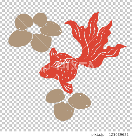 Simple silhouette of goldfish and aquatic plants, woodblock print style, Japanese style 125089621