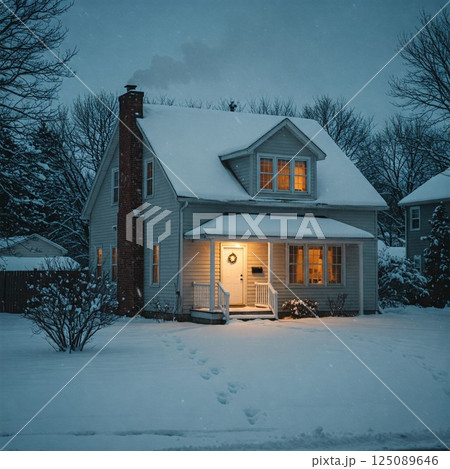 red wooden house in winter 125089646