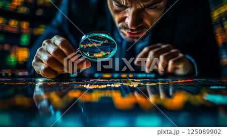 スーツ姿の男性が拡大鏡で財務グラフを調査 125089902