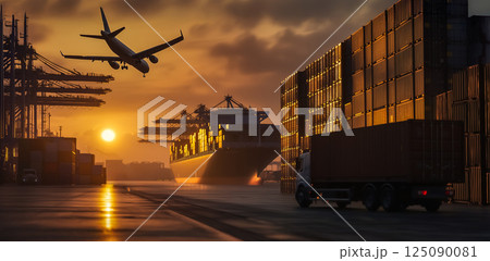 船、飛行機、トラック、クレーンがある港の物流ターミナル、夕日の色合い、グローバルビジネス 125090081