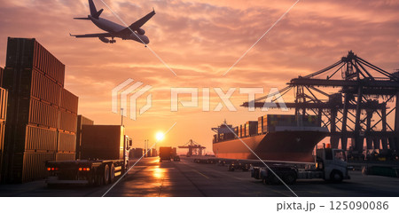 船、飛行機、トラック、クレーンがある港の物流ターミナル、夕日の色合い、グローバルビジネス 125090086