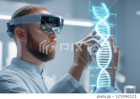Male scientist wearing an AR headset interacting with a holographic DNA structure. The scientist interacts with a holographic DNA model, showcasing innovative research techniques in action. 125090123