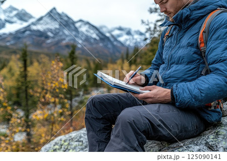 Cropped photo of a man takes notes in a paper notebook while hiking. With a notebook in hand, the hiker finds inspiration in the scenery, documenting experiences gained on the trail. 125090141