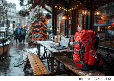 Freelancer's working place in a sidewalk cafe. A serene empty table in the sidewalk cafe, offering a calming space for freelancers to find inspiration and focus. 125090148