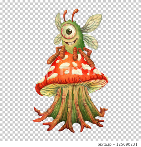 A cute one-eyed monster with fly wings and legs in the shape of red earthworms sits on a fly agaric cap and smiles at the viewer. Watercolor illustration for T-shirt design, postcard, stickers 125090231