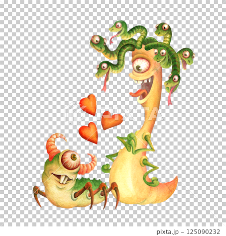 Lovers one-eyed monsters look at each other with affection. Romantic composition of caterpillar-like gorgon with snakes on its head and horned freak with beetle legs for card, sticker, poster design 125090232