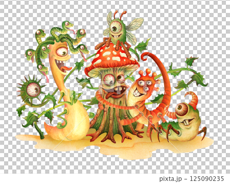 Monster Friendship. Hand drawn fictional weirdos. Watercolor composition of funny laughing and hugging monsters for design of T-shirt, postcard, banner, decoration of friendly theme party Monster Friendship. Hand drawn fictional weirdos. Watercolor composition of funny laughing and hugging monsters for design of T-shirt, postcard, banner, decoration of friendly theme party 125090235