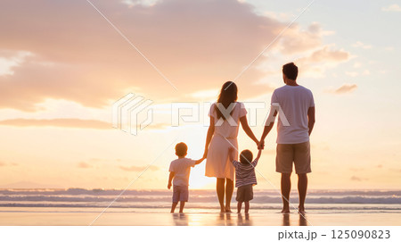 家族4人が夕日を背景に海辺で手をつなぐ、温かいゴールデンアワーの光 125090823