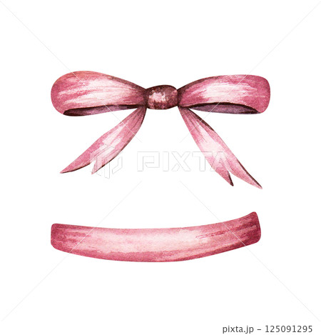 Ribbon, tape and bow. Hand drawn watercolor illustration isolated on white background. For clip art cards invitation label package 125091295