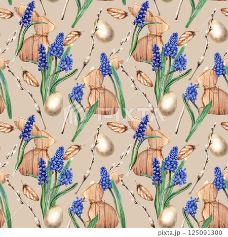 Seamless, repeat pattern with blue grape hyacinth, muscari flowers, pussy willow branches, wooden bunnies, eggs and feathers. Watercolor illustration on brown background. For wrapping fabric textile Seamless, repeat pattern with blue grape hyacinth, muscari flowers, pussy willow branches, wooden bunnies, eggs and feathers. Watercolor illustration on brown background. For wrapping fabric textile 125091300