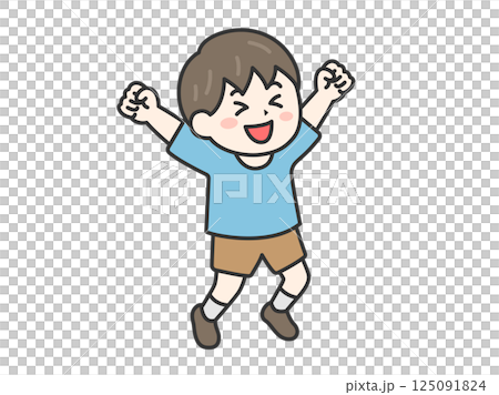 喜んで飛び跳ねる、男の子（線画カラー）のイラスト 125091824