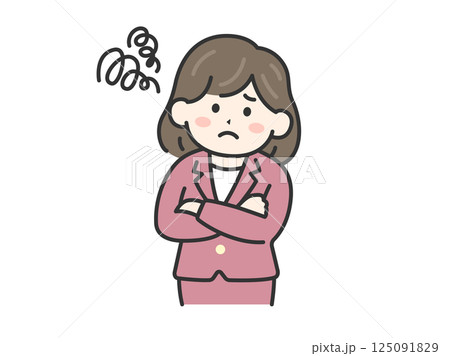 困って首を傾げる、スーツを着た女性（線画カラー）のイラスト 125091829