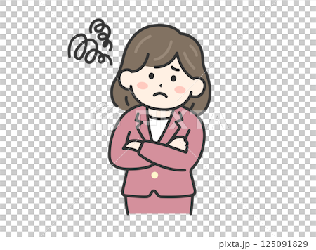 困って首を傾げる、スーツを着た女性（線画カラー）のイラスト 125091829