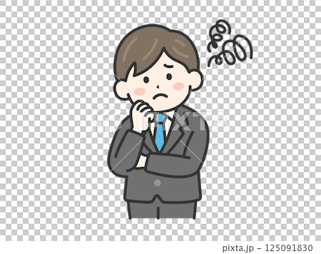 頬に手をあて、首を傾げる、スーツを着た男性（線画カラー）のイラスト 125091830