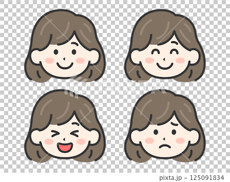 A set of illustrations of women's faces (line drawings in color) with various expressions 125091834