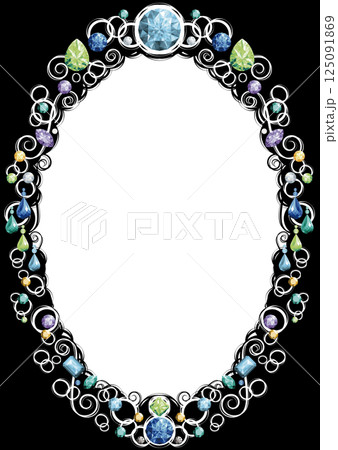 宝石で飾られた縦楕円のフレーム(寒色・白線) 宝石で飾られた縦楕円のフレーム(寒色・白線) 125091869