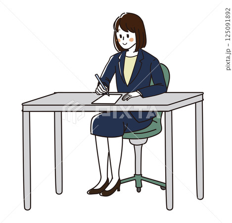 デスクで書類を書くビジネスウーマンのイラスト（スーツ姿／会社員） 125091892