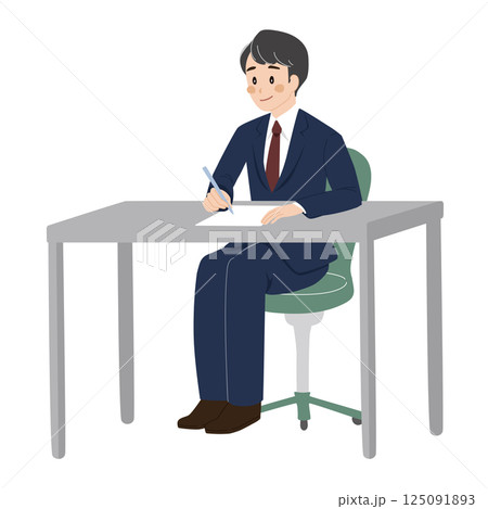 デスクで書類を書くビジネスマンのイラスト(スーツ姿/会社員) デスクで書類を書くビジネスマンのイラスト(スーツ姿/会社員) 125091893