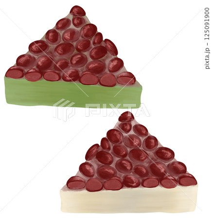 夏越の祓の時に食べる暑気払いの和菓子、ういろうの上に小豆がたっぷり載った水無月のイラスト、白と抹茶 125091900